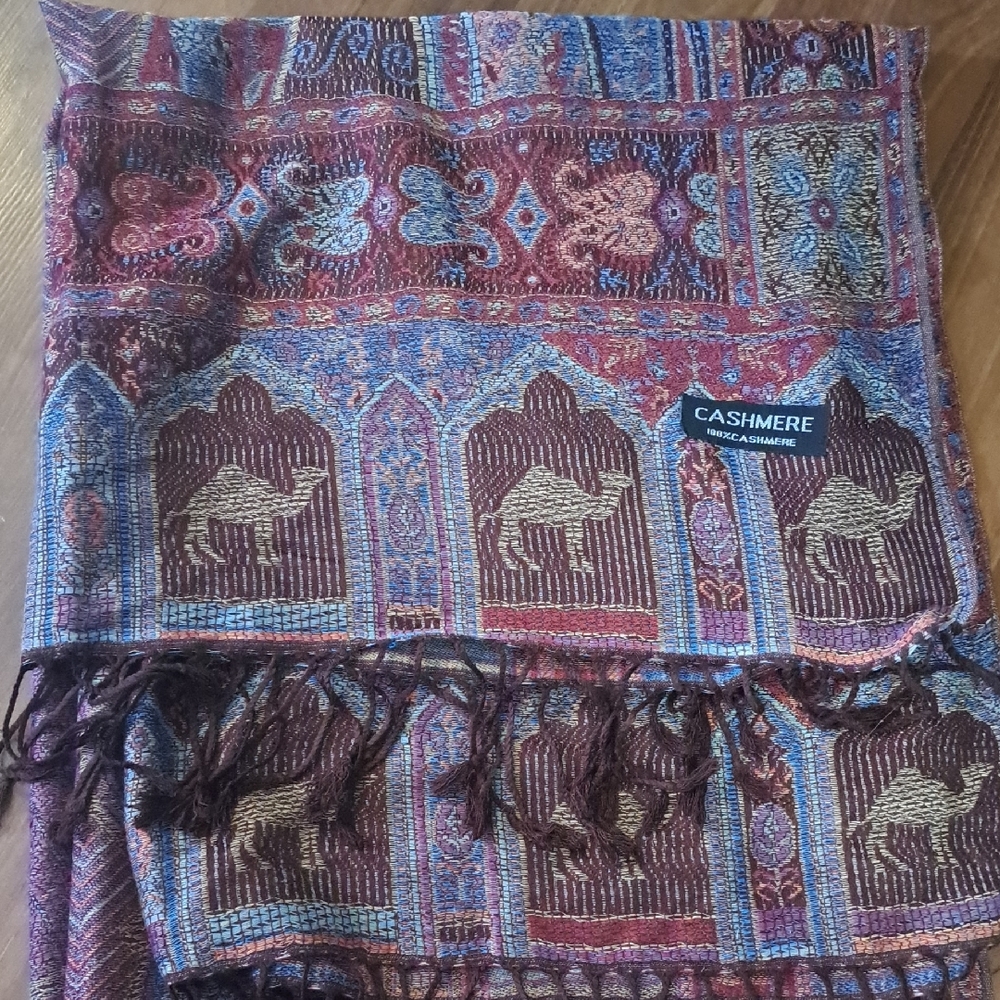 Elegant Paisley Cashmere Scarf - Multicolor. Camels And Tassles - Picture 4 of 5